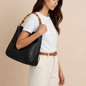 Vintage Gucci Black Leather Shoulder Bag with Bamboo Handle W/COA